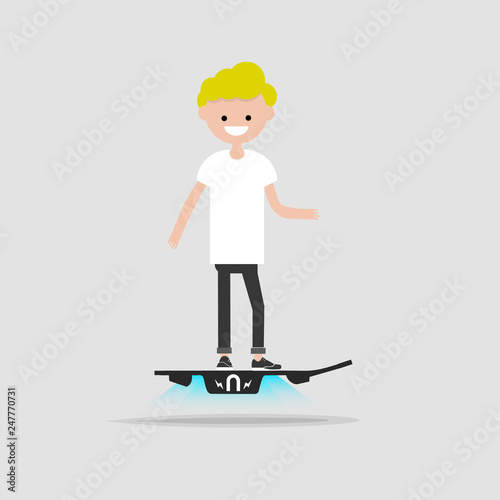 Young haracter rides on flying skateboard.flat cartoon design photo