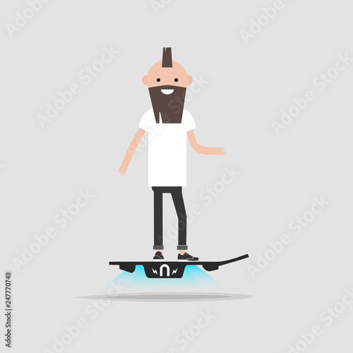 Young haracter rides on flying skateboard.flat cartoon design