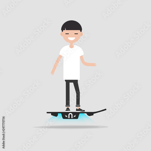 Young haracter rides on flying skateboard.flat cartoon design