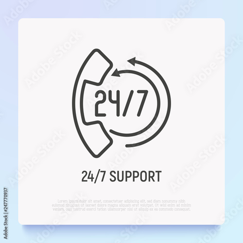Support for 24 hour in day. Thin line icon: handset with arrows. Online assistance. Modern vector illustration.