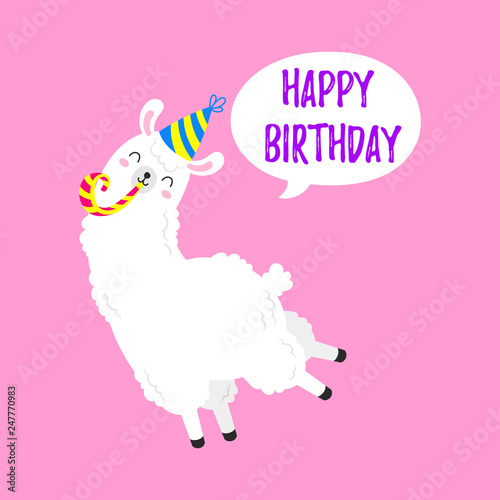 Birthday vector cartoon greeting card design. Doodle illustration. Template, background for print, design. Funny poster with funny lamas. Happy birthday party