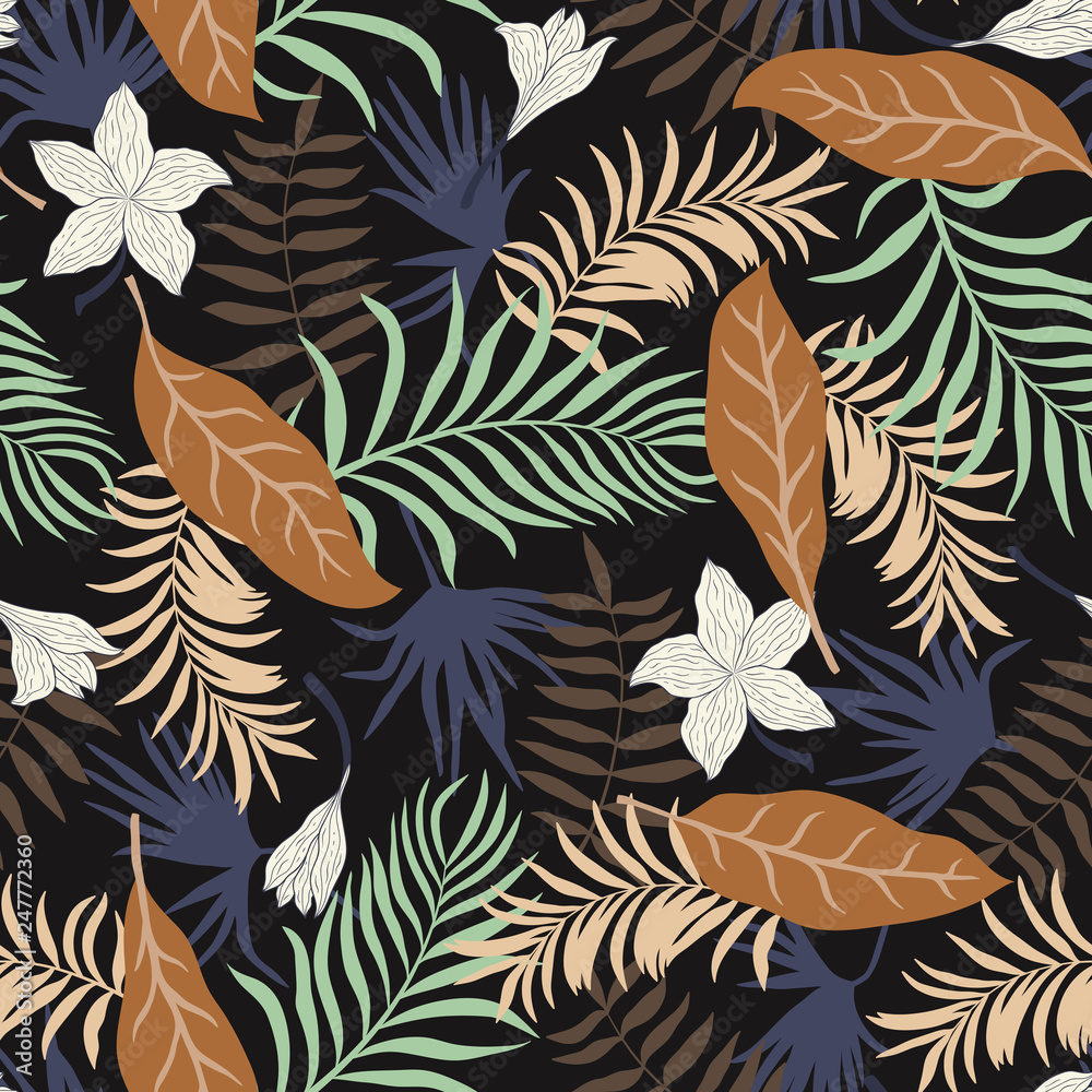 Fototapeta premium Tropical background with palm leaves and flowers. Seamless floral pattern. Summer vector illustration. Flat jungle print