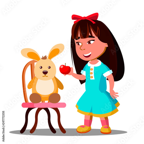 Little Girl Shares One Apple With Her Soft Toy Hare Vector. Isolated Illustration