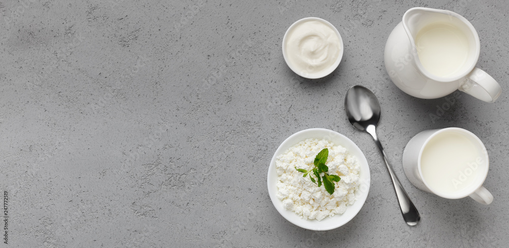 Dairy products set, top view, copy space Dairy products set, top view, copy space