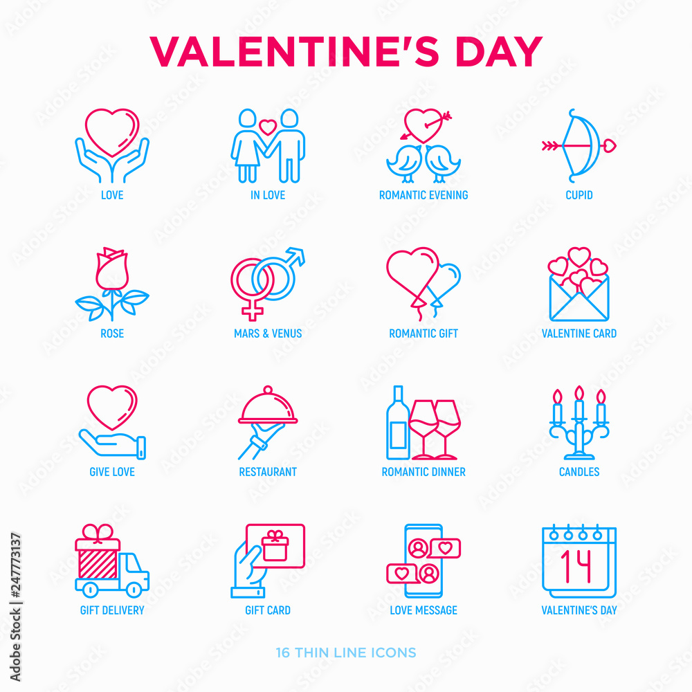 Valentine's day thin line icons set: couple in love, romantic evening, cupid bow, balloons, envelope, gift card, candles, love message, gift delivery. Modern vector illustration. Valentine's day thin line icons set: couple in love, romantic evening, cupid bow, balloons, envelope, gift card, candles, love message, gift delivery. Modern vector illustration.