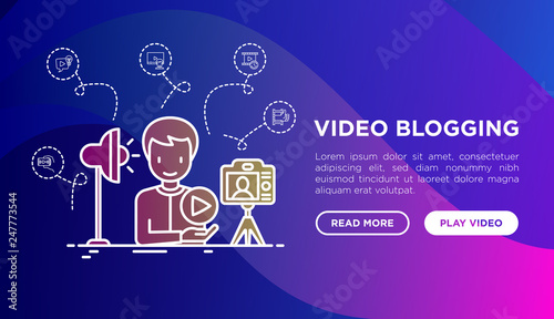 Video blogging web page template: blogger films video on camera on tripod and using lighting. Modern vector illustration.