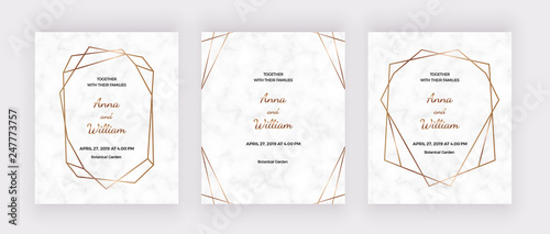 Marble wedding invatation cards with golden polygonal geometric lines frames. Trendy templates for banner, flyer, poster, save the date, greeting