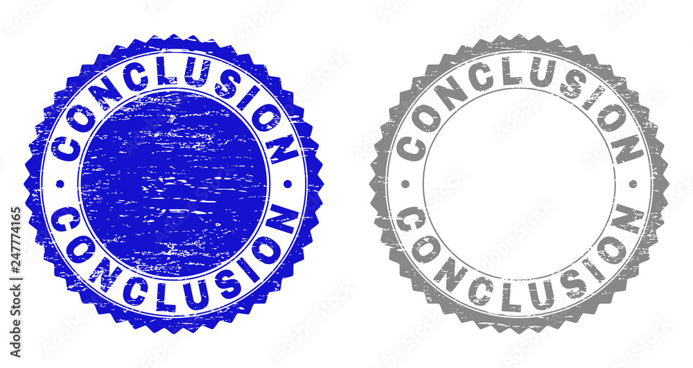 Grunge CONCLUSION stamp seals isolated on a white background. Rosette seals with distress texture in blue and gray colors. Vector rubber stamp imitation of CONCLUSION text inside round rosette.
