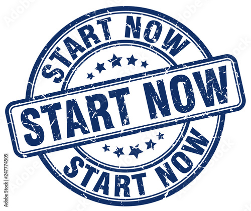 start now blue grunge stamp