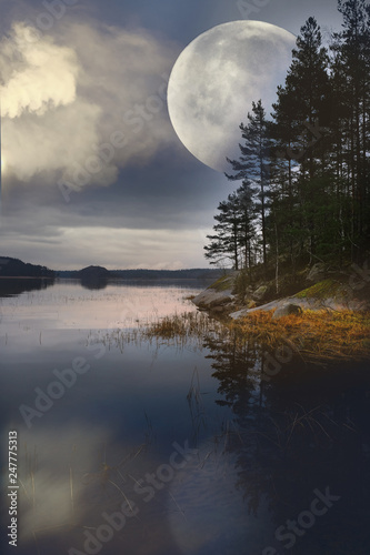 full moon on a mystical forest lake at night