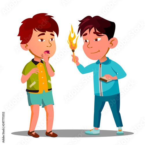 Two Little Asian Boys Playing With Matches Vector. Isolated Illustration