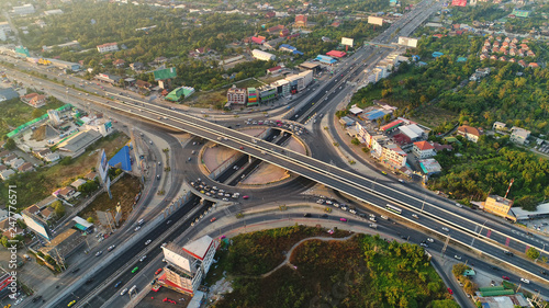 Of traffic on city streets in Thailand. Aerial view and top view Expressway with car lots.