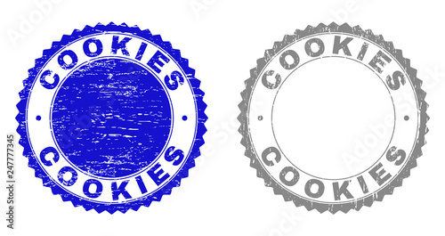 Grunge COOKIES stamp seals isolated on a white background. Rosette seals with grunge texture in blue and grey colors. Vector rubber stamp imprint of COOKIES title inside round rosette.