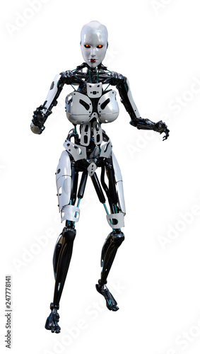 3D Rendering Female Robot on White