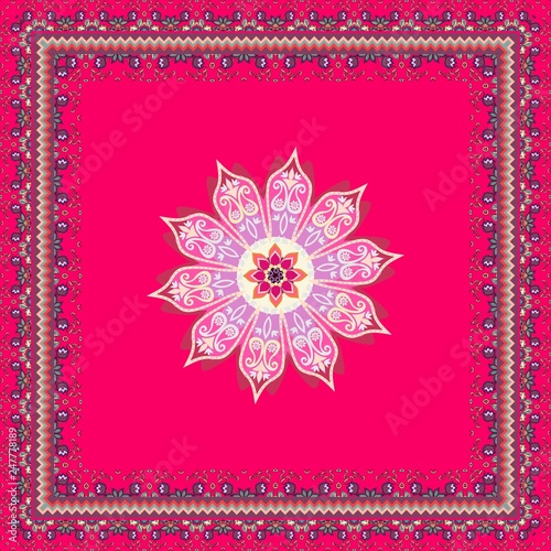Lovely tablecloth, pareo, square carpet or bright doily with mandala flower, ornamental frame and paisley in indian style.