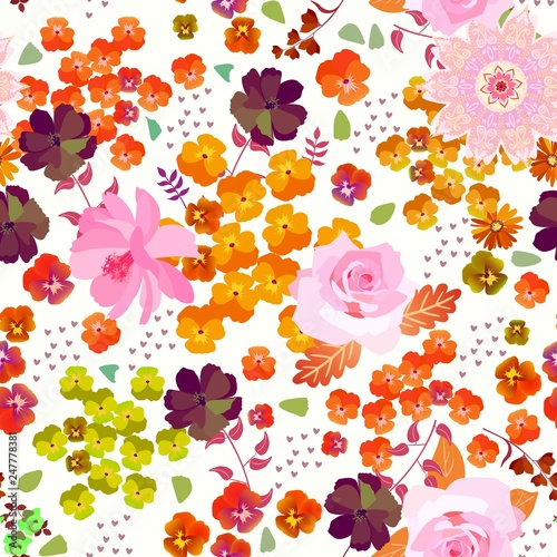 Seamless summer pattern with bright garden flowers, leaves, little hearts and mandala on white background. Print for fabric, wallpaper.
