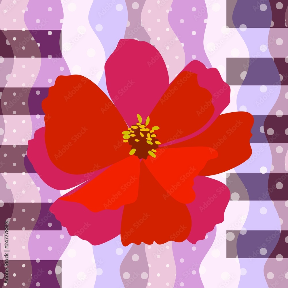 Seamless pattern or cute square card with large red flower on striped and polka dot background in purple and lilac tones in vector. Print for fabric, flyer.