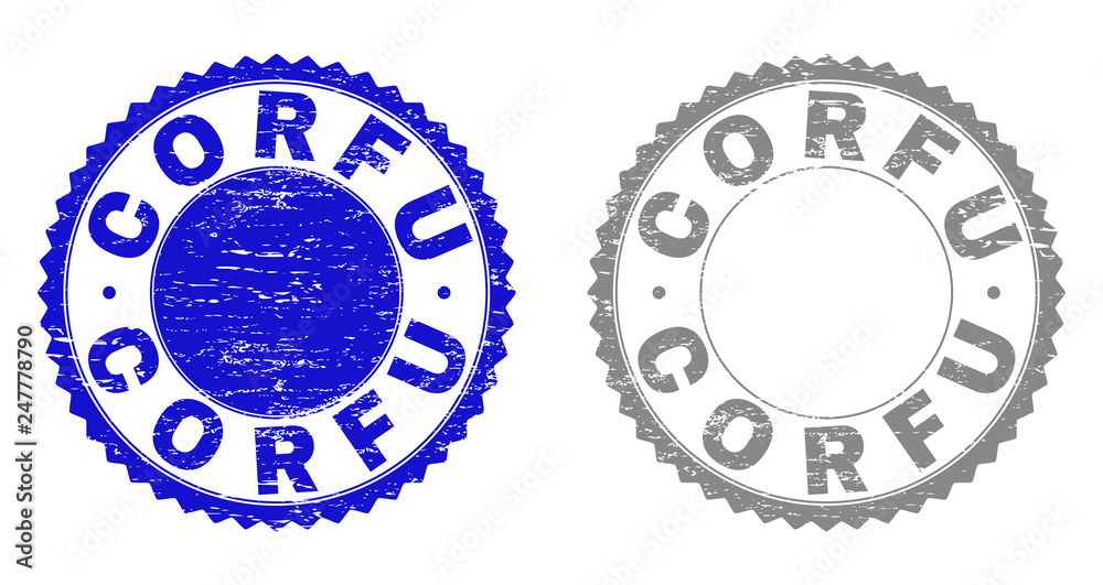 Grunge CORFU stamp seals isolated on a white background. Rosette seals with grunge texture in blue and gray colors. Vector rubber watermark of CORFU text inside round rosette. Grunge CORFU stamp seals isolated on a white background. Rosette seals with grunge texture in blue and gray colors. Vector rubber watermark of CORFU text inside round rosette.