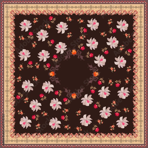 Square shawl with garden flowers and paisley ornament on brown background. Fashionable print for fabric.
