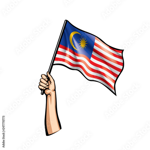 Malaysia flag and hand on white background. Vector illustration