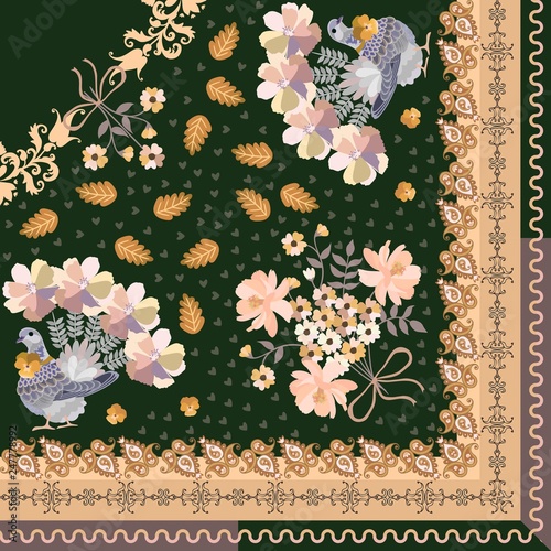 Quarter of shawl in ethnic style. Doves with tails in shape of bunchs of flowers, little hearts, stylized oak leaves and paisley ornament in vector.