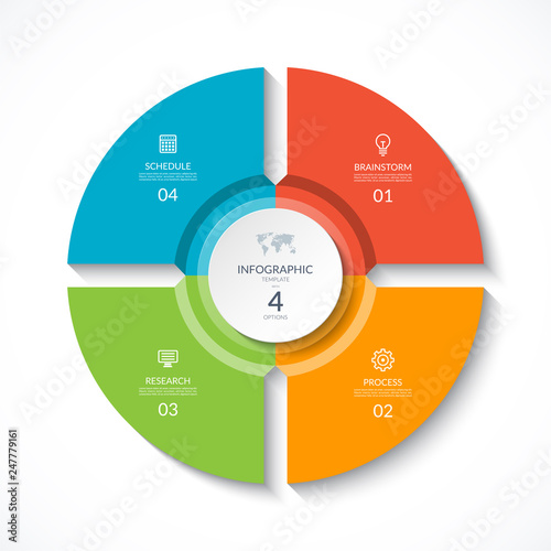 Vector infographic circle. Cycle diagram with 4 stages. Round chart that can be used for report, business analytics, data visualization and presentation.