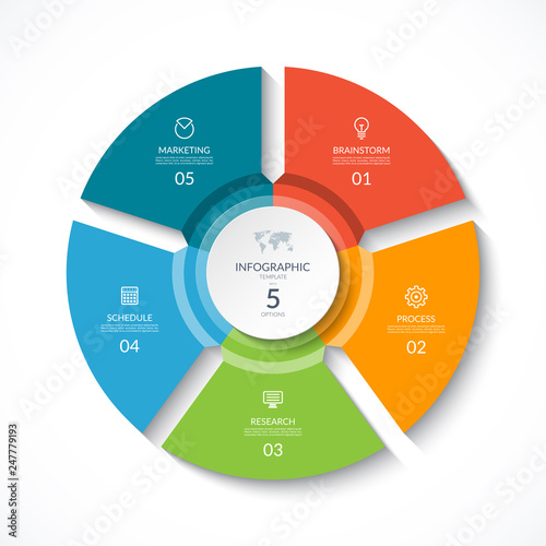 Vector infographic circle. Cycle diagram with 5 stages. Round chart that can be used for report, business analytics, data visualization and presentation.