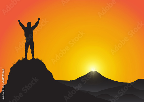 Silhouette of young man standing on top of the mountain with fists raised up on golden sunrise background, success, achievement,victory and winning concept vector illustration