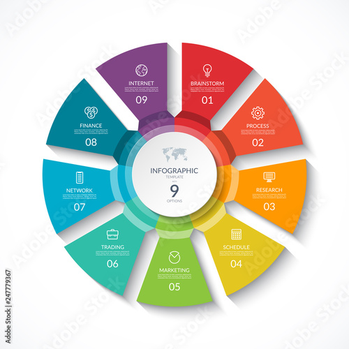 Vector infographic circle. Cycle diagram with 9 stages. Round chart that can be used for report, business analytics, data visualization and presentation.