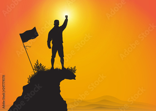 Silhouette of young man standing on top of the mountain with fist raised up with flag on golden sunrise background, success, achievement and winning concept vector illustration