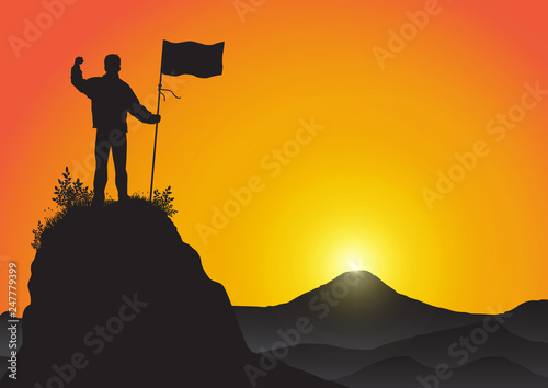 Silhouette of young man standing on top of the mountain holding flag on golden sunrise background, success, achievement and winning concept vector illustration