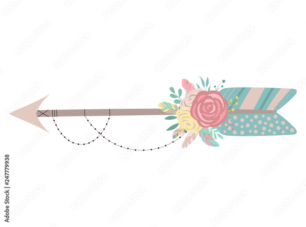 Vector image of an isolated arrow in boho style with flowers, feathers ...