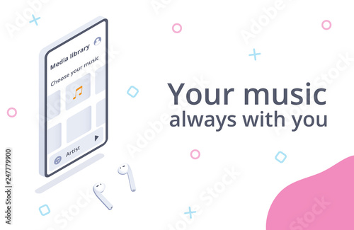 Music app or music streaming web service concept. 3d isometric landing page template with smartphone and earphones.