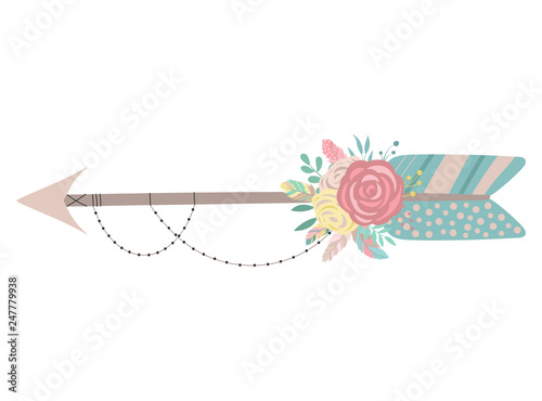 Vector image of an isolated arrow in boho style with flowers, feathers and beads. Hand-drawn illustration by national American motifs for baby, cards, flyers, posters, prints, holiday, children, home
