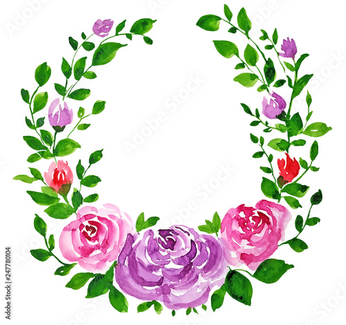 Watercolor floral wreath. Pink roses and leaf hand painted illustration.