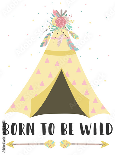 Vector image of a yellow wigwam in boho style with flowers, feathers, arrows and ornaments. Hand-drawn illustration by national American motifs for wild baby, cards, flyers, posters, prints, holiday