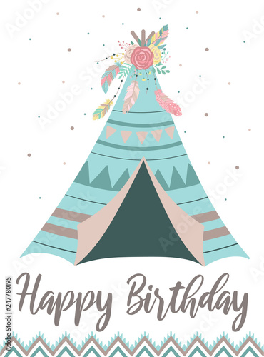 Vector image of a blue wigwam in boho style with flowers, feathers and ornaments. Hand-drawn illustration by national American motifs for baby, cards, flyers, posters, prints, holiday, birthday, child