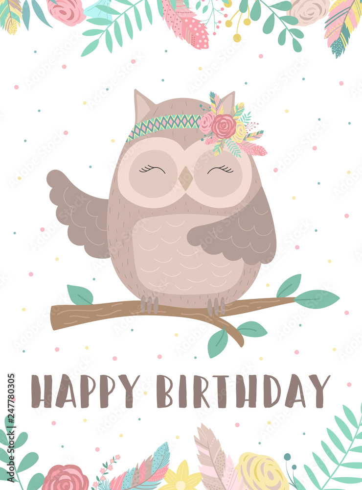 Сollection of hand-drawn boho owl. Illustration on the background of polka-dots, flowers and feathers. Vector by national american motifs for baby, cards, flyers, posters, prints, holiday, birthday