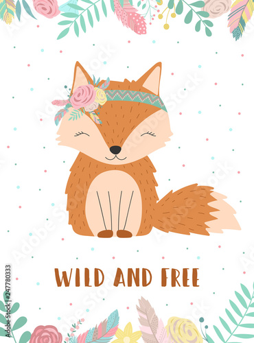 Ð¡ollection of hand-drawn boho fox with words Wild and Free. Illustration of polka-dots, flowers and feathers. Vector by national american motifs for baby, cards, flyers, posters, prints, holiday © Anton