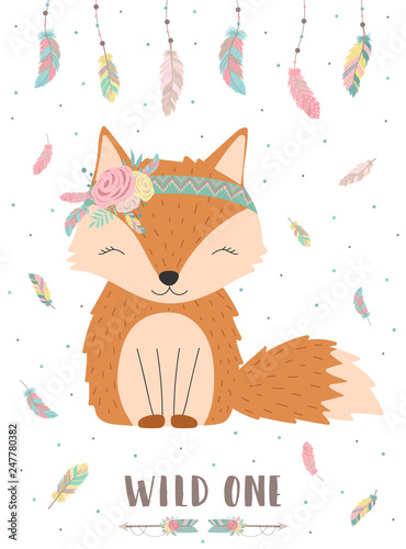 Ð¡ollection of hand-drawn boho cute fox with words Wild one. Background of feathers and polka dots. Vector by national american motifs for baby, cards, flyers, posters, prints, holiday