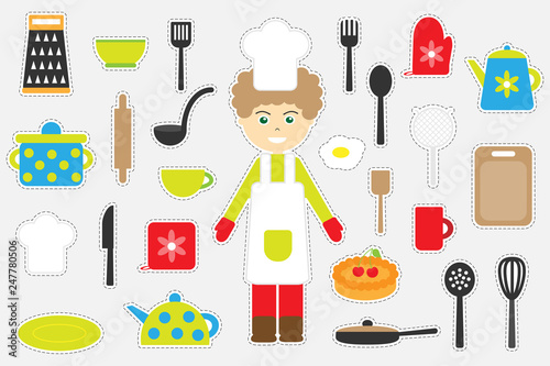 Different colorful cooking pictures for children, fun education game for kids, preschool activity, set of stickers, vector illustration