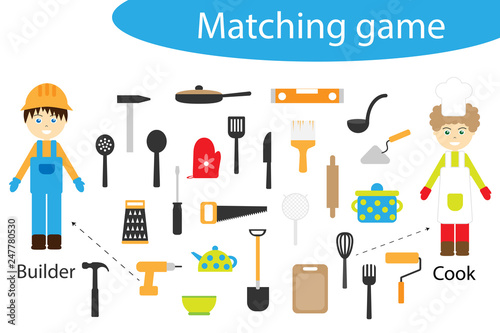 Profession matching game for children, connect things with need profession, preschool worksheet activity for kids, task for the development of logical thinking, vector illustration