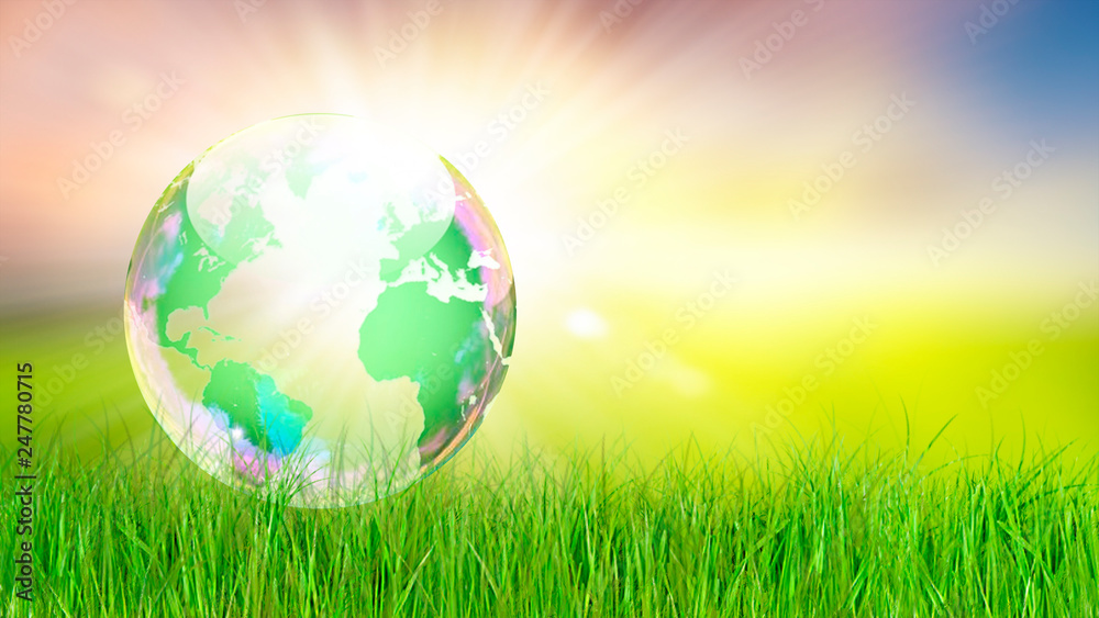 World map in a Earth Globe on green grass and sunlight outdoor background. Empty copy space for Editor's text. World map in a Earth Globe on green grass and sunlight outdoor background. Empty copy space for Editor's text.