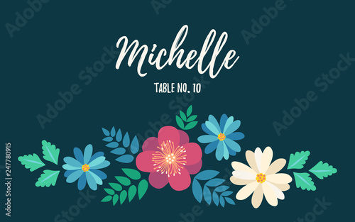 Escort card wedding invitation card with flat flower frame background, hand drawn floral elements label. Vector design template, isolated. Save the date welcome card in trendy and fashion colours photo