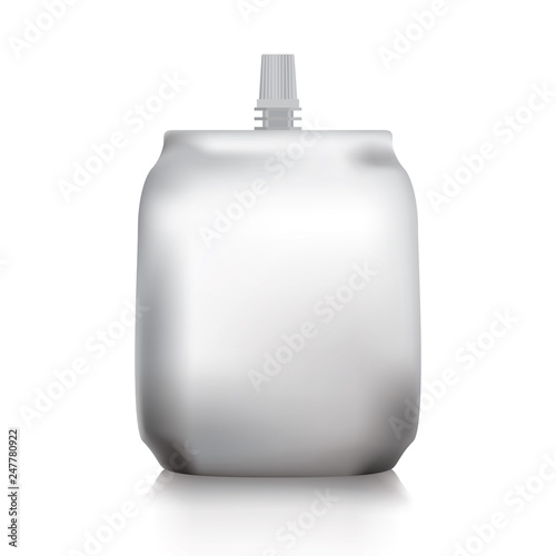 Blank foil sachet stand up with cap for food or drink on white background.