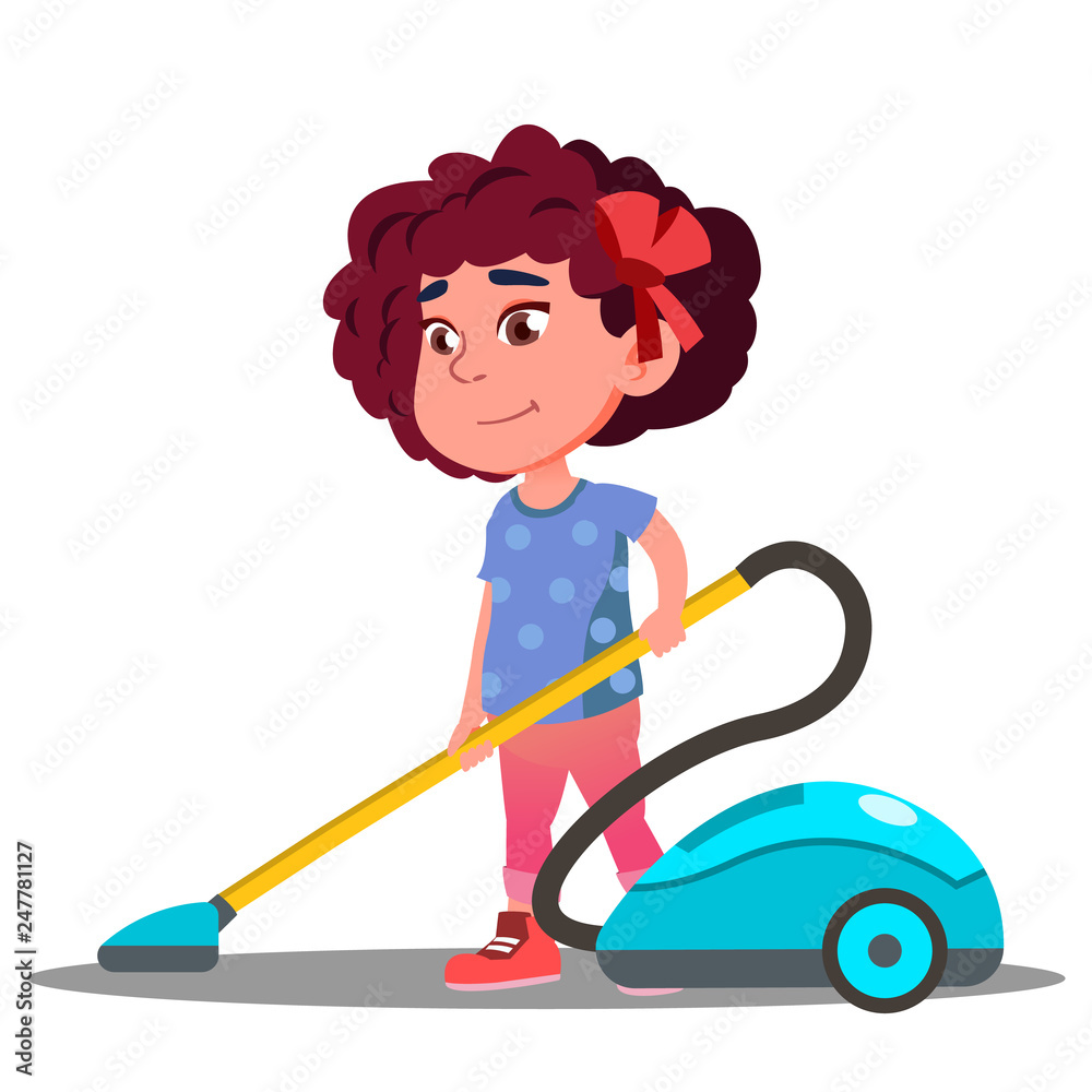 Little Girl Vacuuming Floor In House Vector. Isolated Illustration Little Girl Vacuuming Floor In House Vector. Isolated Illustration