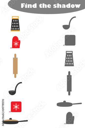 Find the shadow game with cooking pictures for children, education game for kids, preschool worksheet activity, task for the development of logical thinking, vector illustration