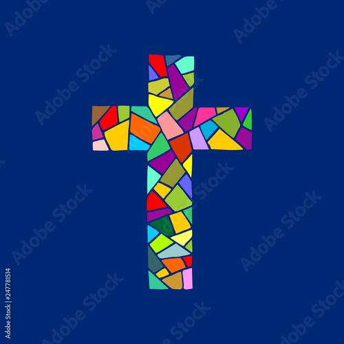 The cross of the Lord and Savior Jesus Christ, made in the technique of mosaic, hand-drawn. Christian and biblical symbols.