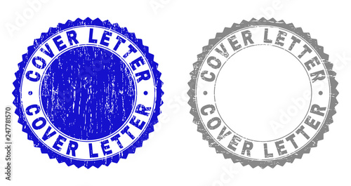 Grunge COVER LETTER stamp seals isolated on a white background. Rosette seals with grunge texture in blue and grey colors. Vector rubber stamp imprint of COVER LETTER tag inside round rosette.