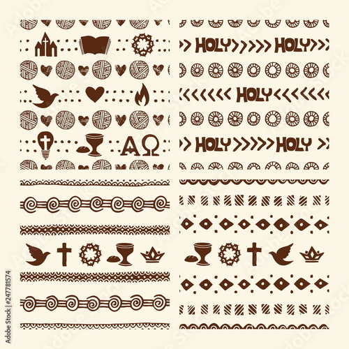 Vector set of hand drawn christian seamless pattern made with ink. Freehand textures for fabric, polygraphy, web design.